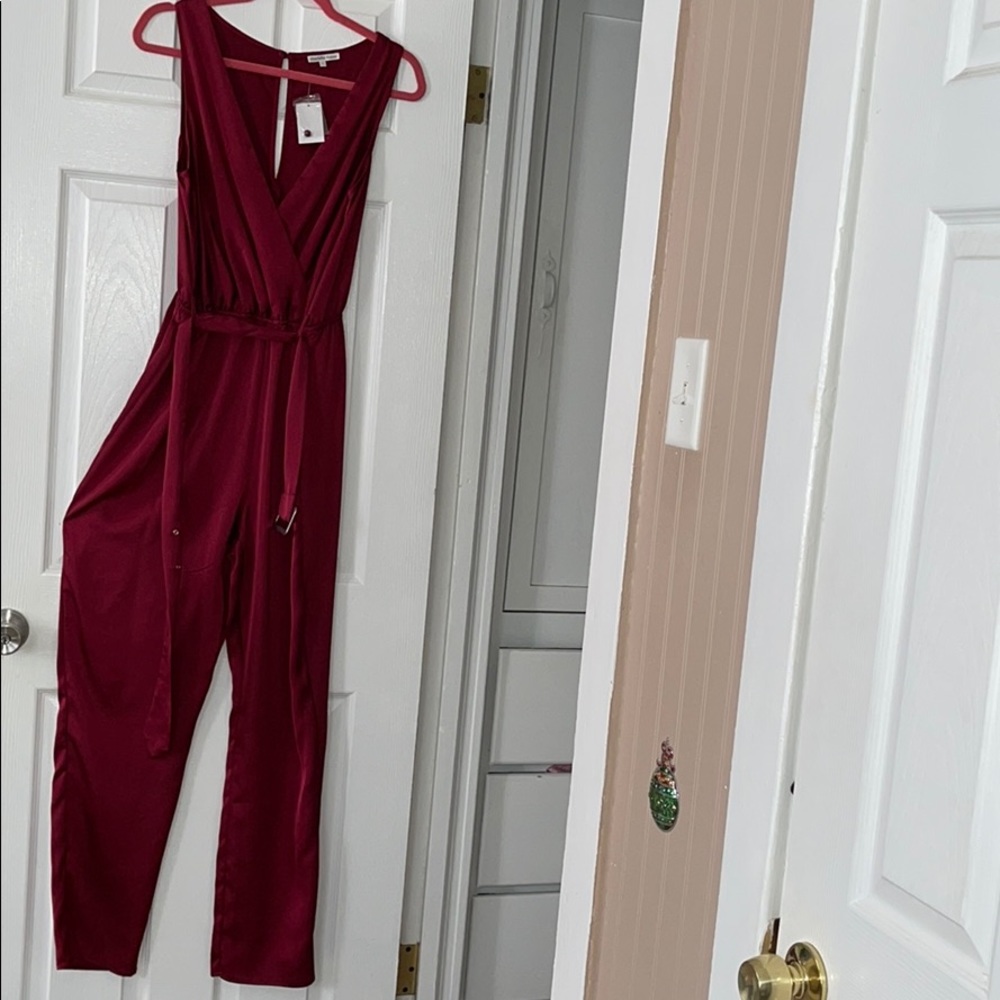 Burgundy Satin Jumpsuit w waist Belt Surplice neck
